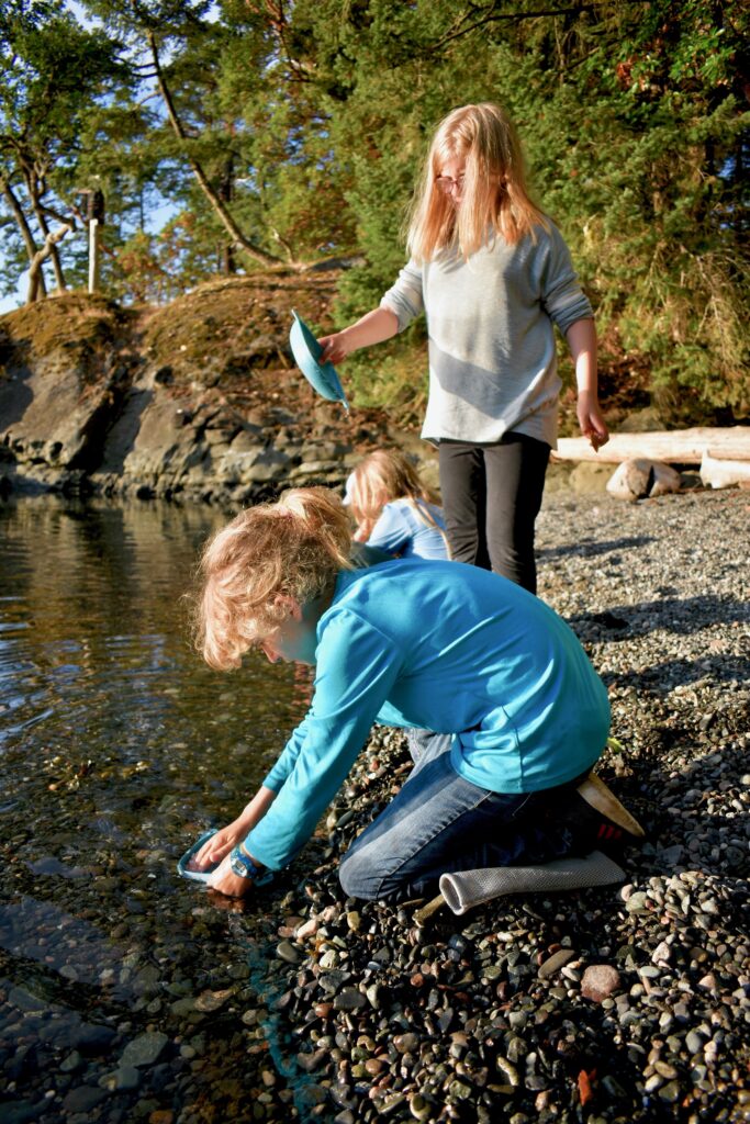 Three young girls kneeling or standing by the edge of the water on a pebble beach, washing plastic dishes in the water